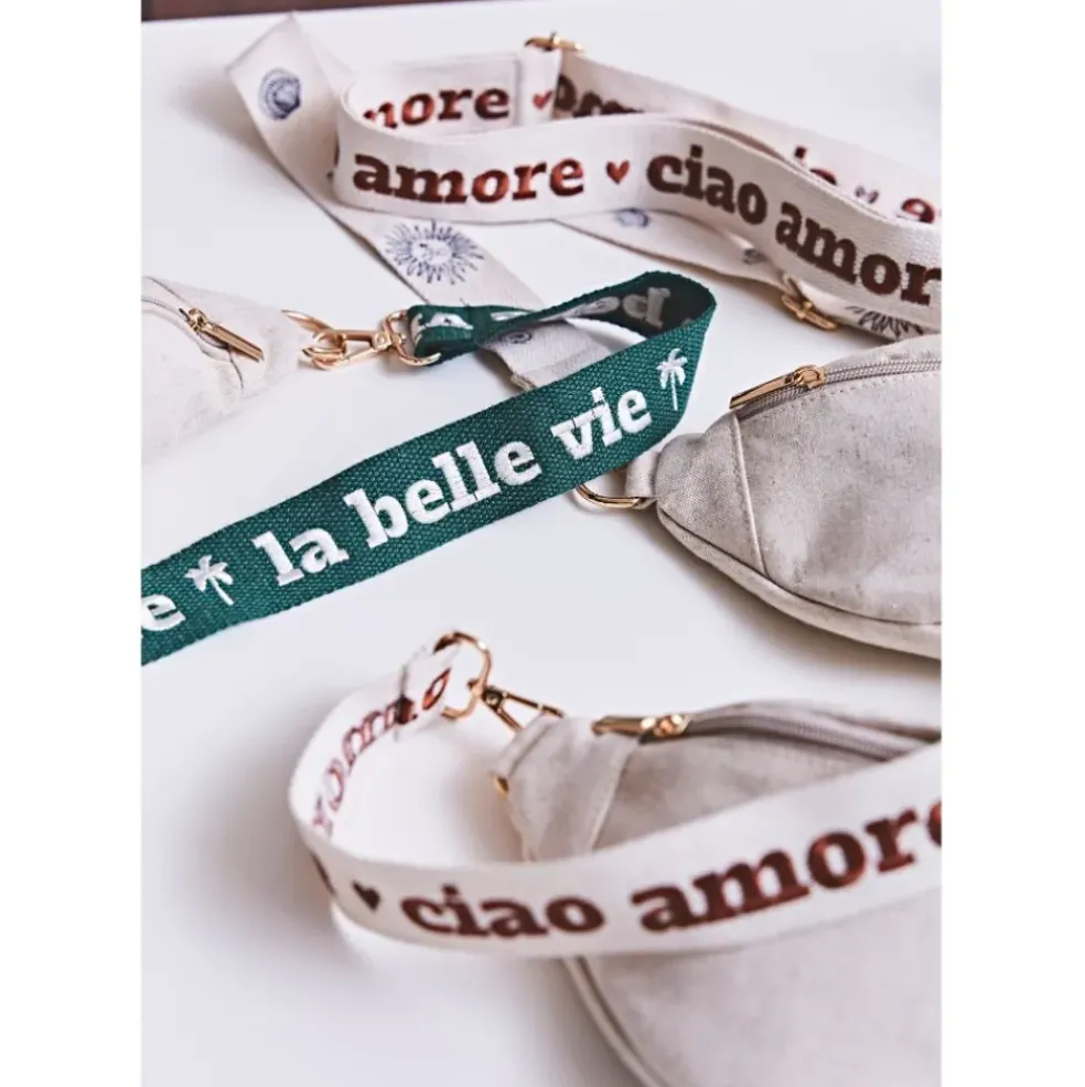 Bandoulière brodée ciao réglable en coton écru et terracotta