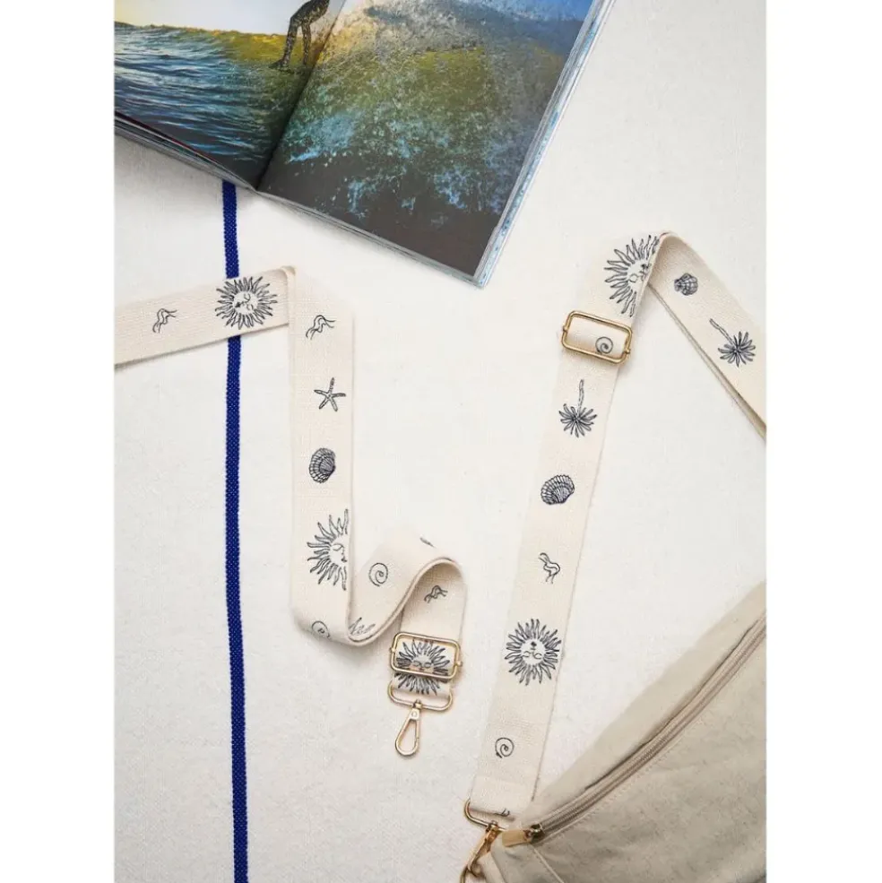 Bandoulière brodée réglable en coton écru et bleu