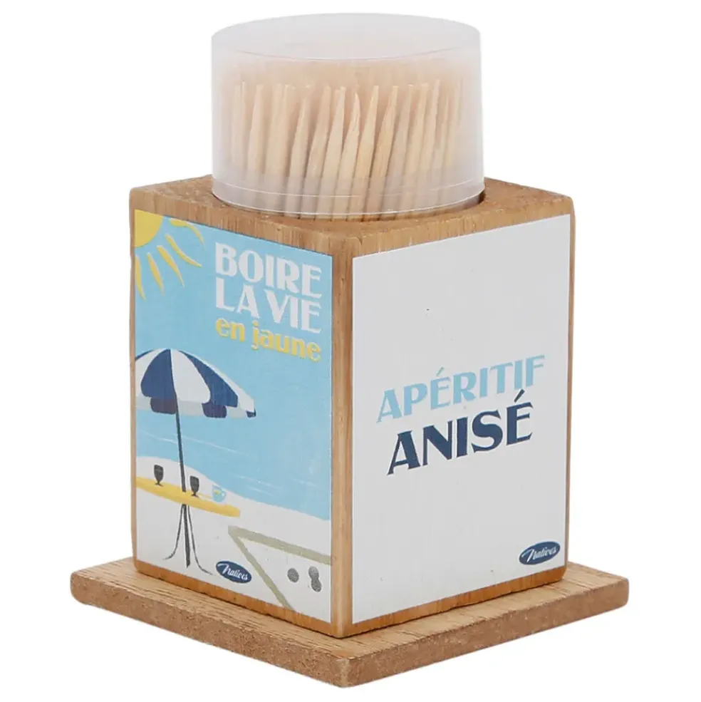 Boite pics apéro en pin et panneau de bois bleu et jaune - Pastis