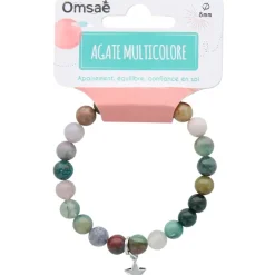 Bracelet agate multicolore perles rondes 8mm et étoile