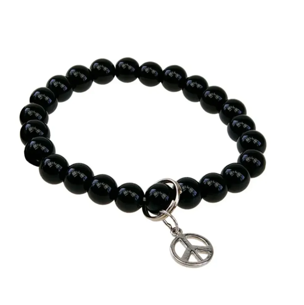 Bracelet onyx perles rondes 8mm et signe paix