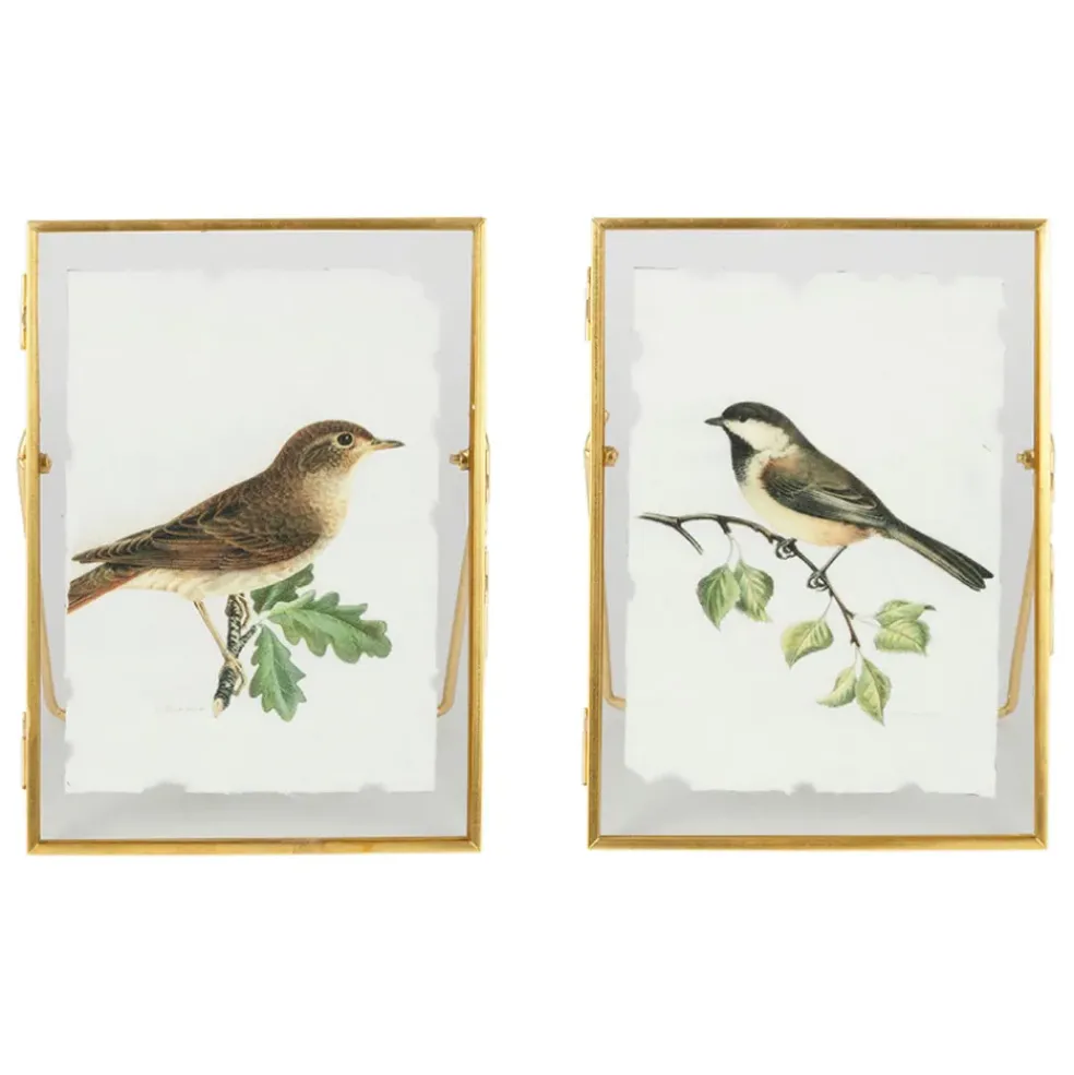 Cadre déco (x2) en verre et coton oiseau 14x18cm