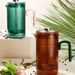 Cafetière à piston striée en verre borosilicate émeraude et rose 1L