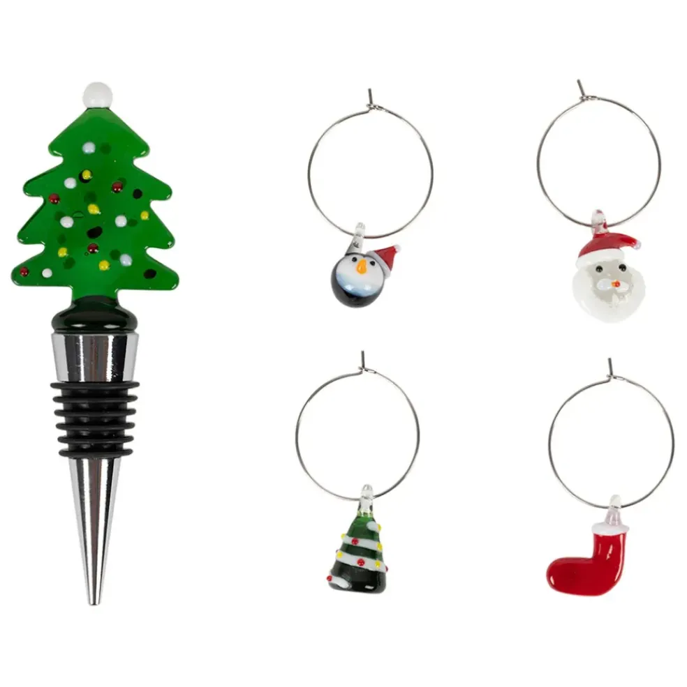 Coffret bouchon bouteille avec 4 marqueurs en verre et inox vert - Noel