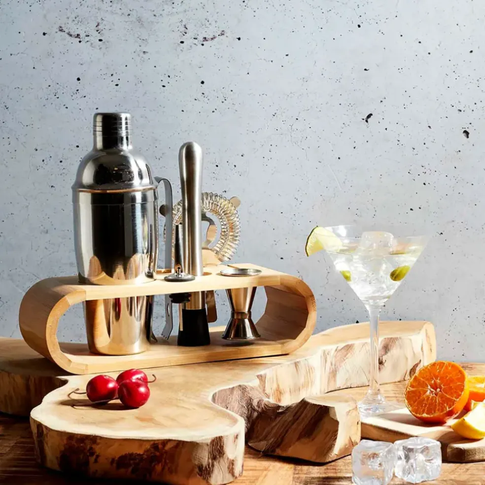 Coffret de cocktail en acier argenté et bambou