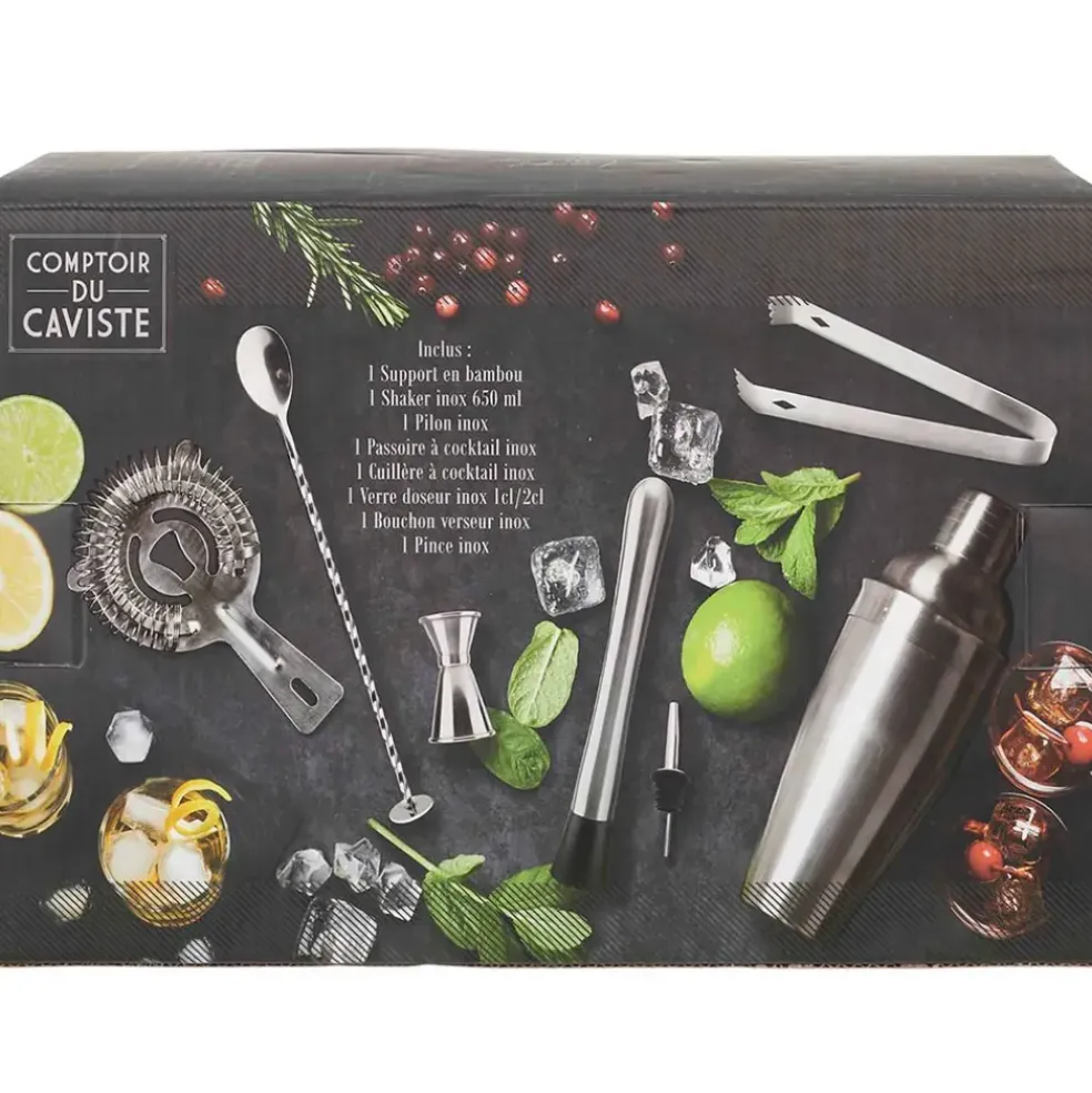 Coffret de cocktail en acier argenté et bambou