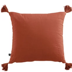 Coussin dehoussable avec pompons en gaze de coton terracotta 40x40cm - Gaia