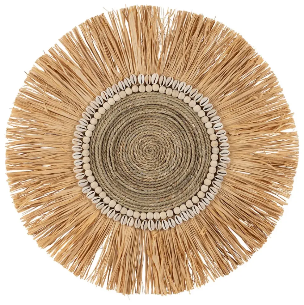 Deco murale rosace en raphia naturel et blanc - Cauri