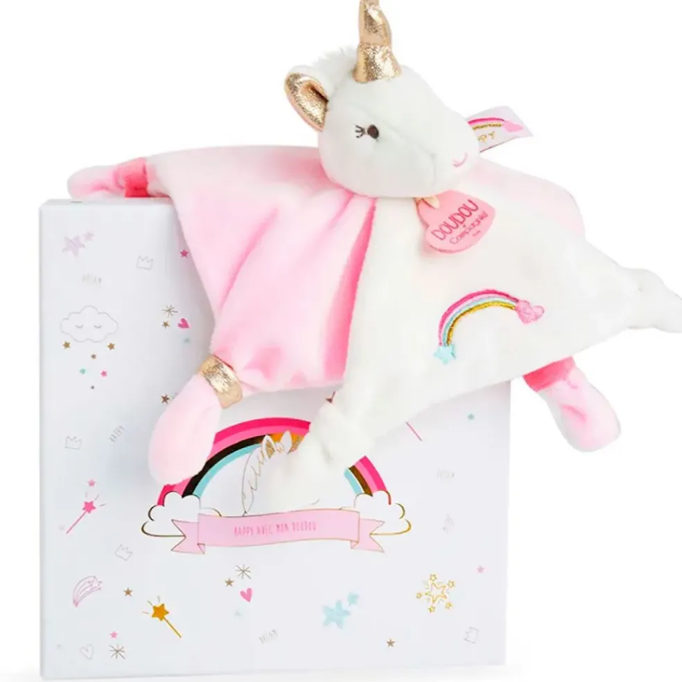 Doudou plat Licorne blanc et rose
