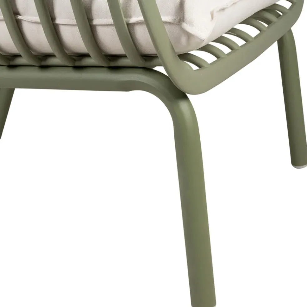 Fauteuil d'extérieur kaki avec 2 coussins en tissu blanc - Lumi