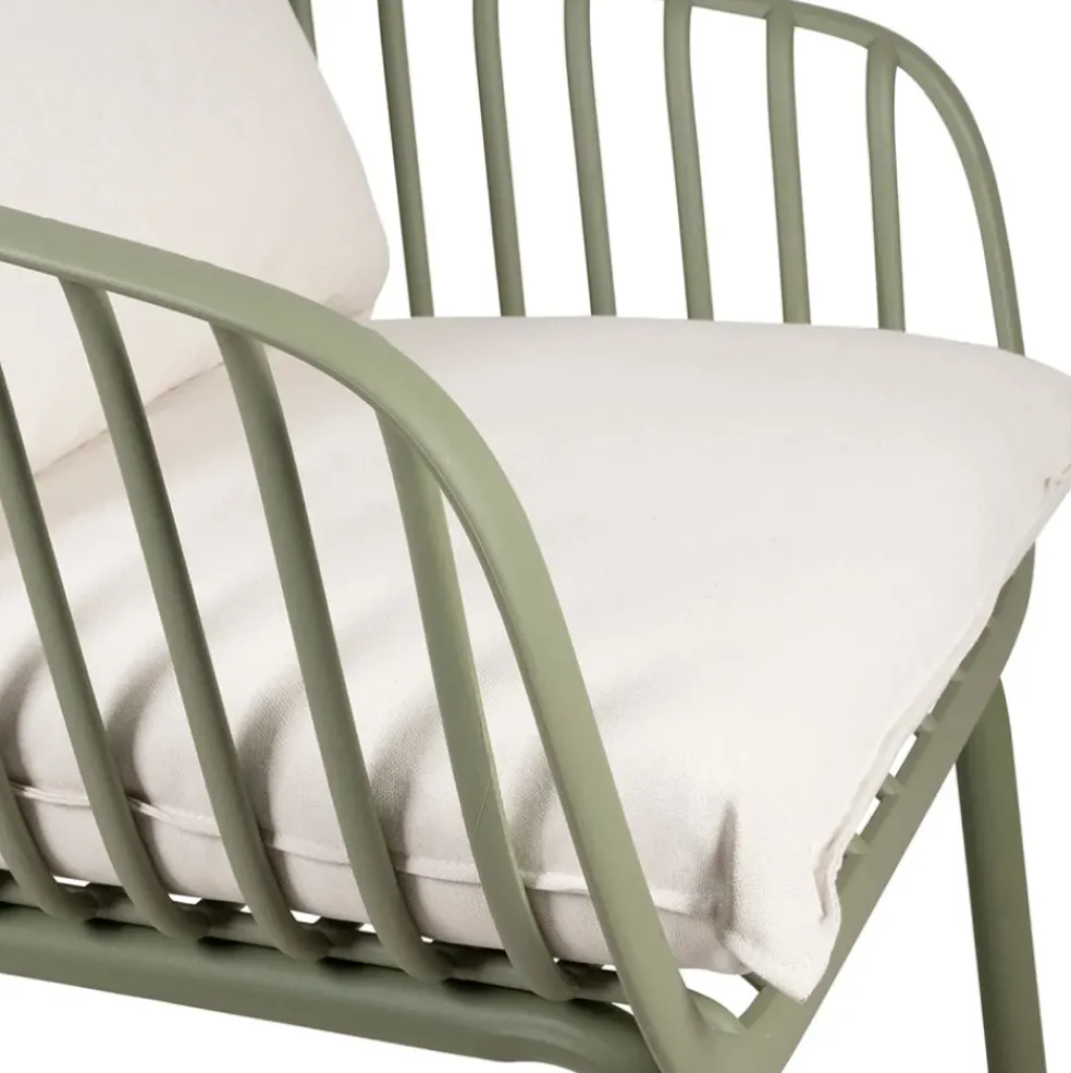 Fauteuil d'extérieur kaki avec 2 coussins en tissu blanc - Lumi