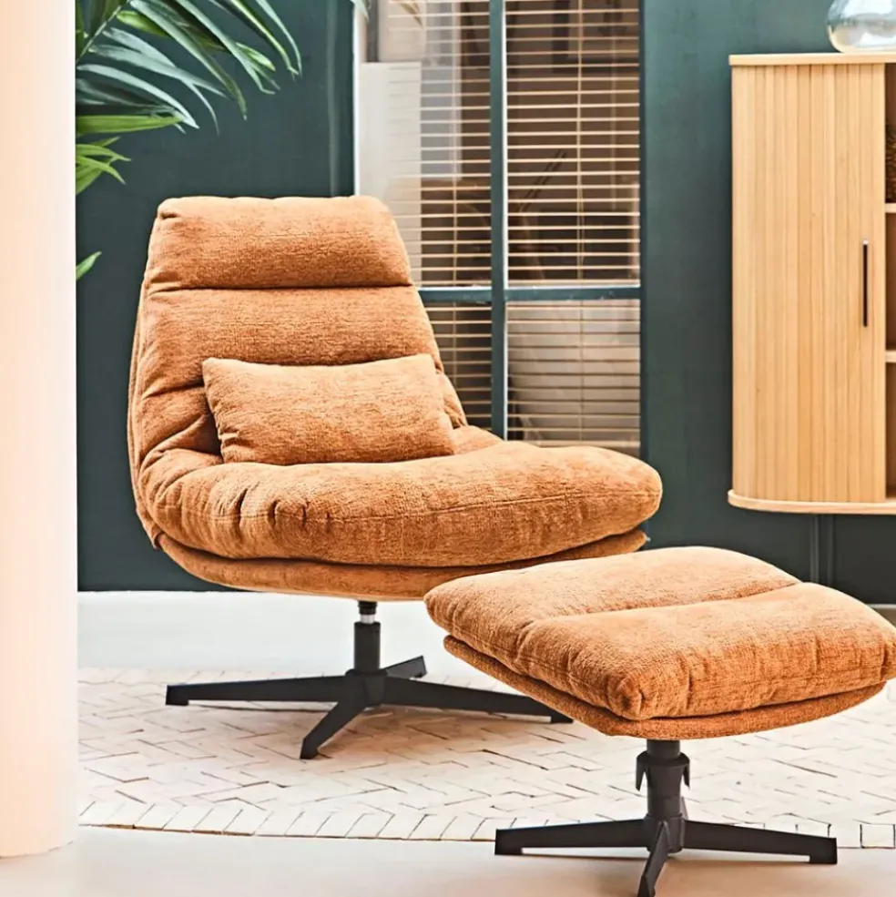 Fauteuil et repose pied en tissu brun et fer noir - Lery