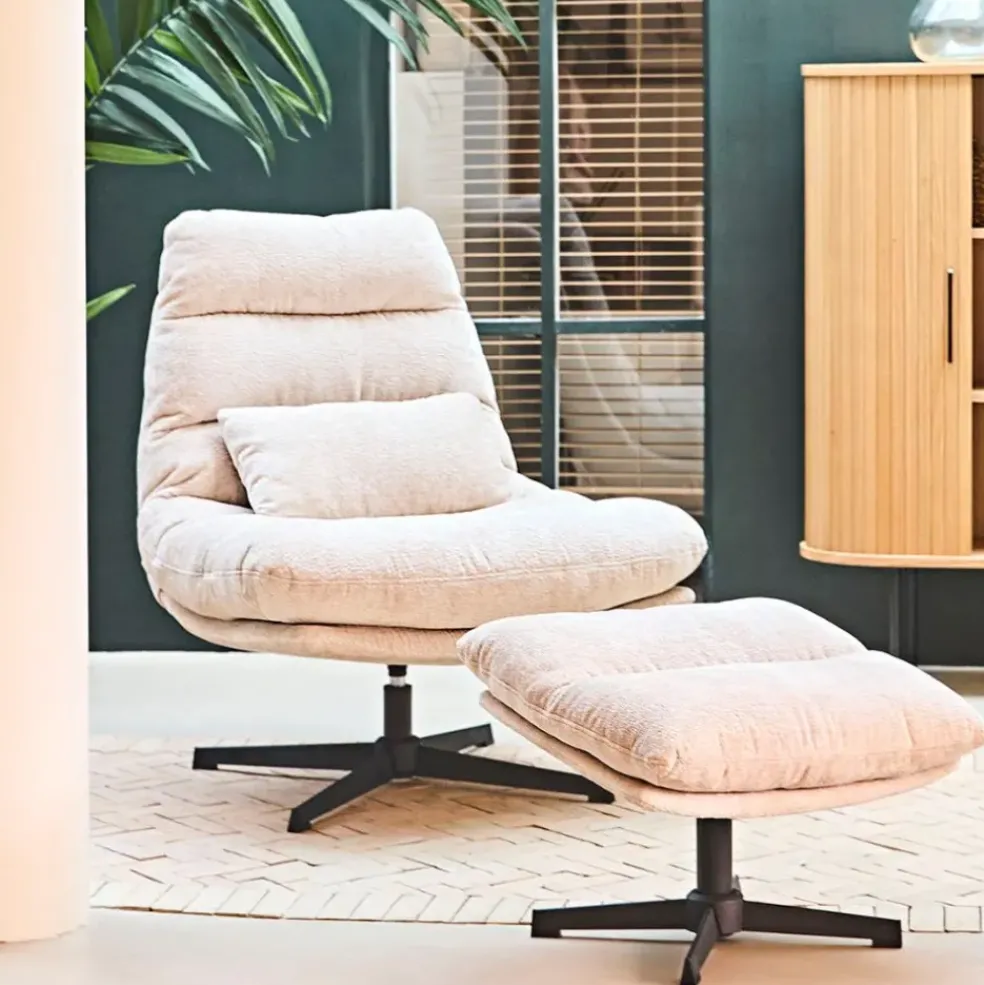 Fauteuil et repose pied en tissu beige et fer noir - Lery