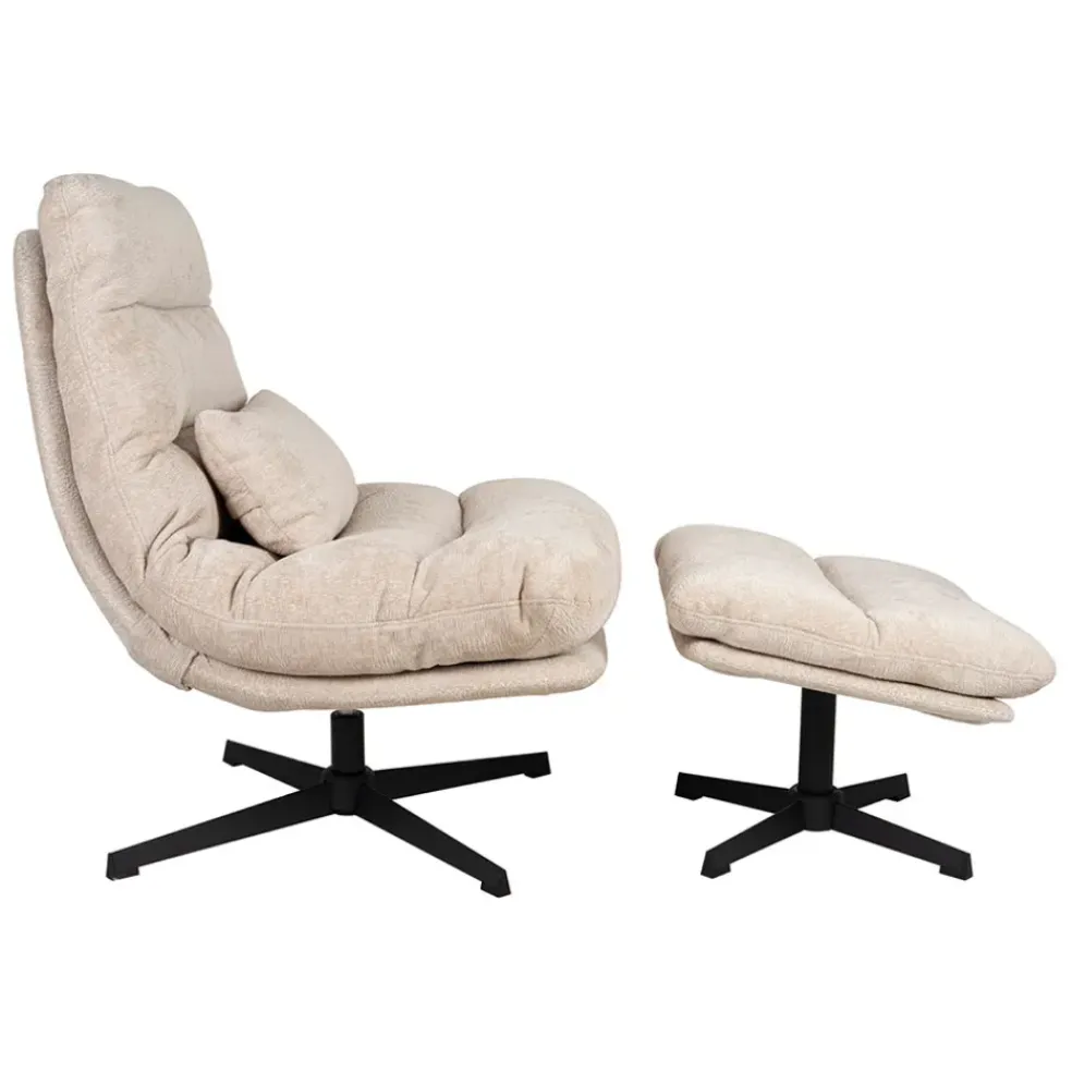 Fauteuil et repose pied en tissu beige et fer noir - Lery