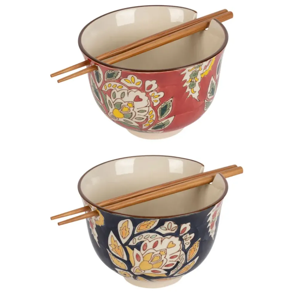 Lot de 2 bols et baguettes en grès et bambou multicolore d13xh9.5cm - Orchila