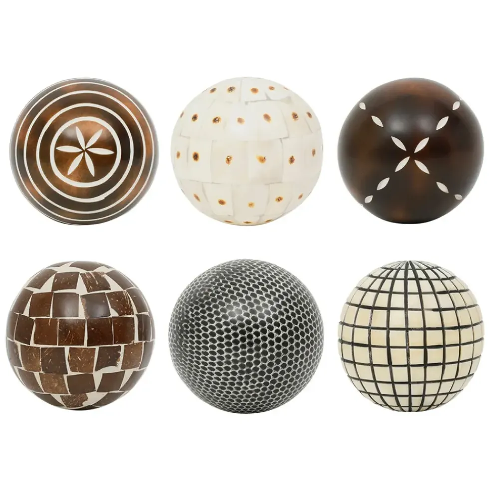 Lot de 6 boules décoratives en résine brun et blanc d10cm - Komati