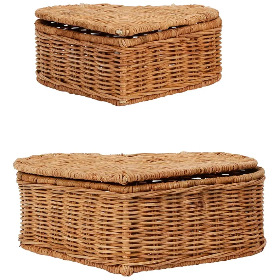 Lot de 2 corbeilles coeur avec couvercle en rotin naturel - Fantine