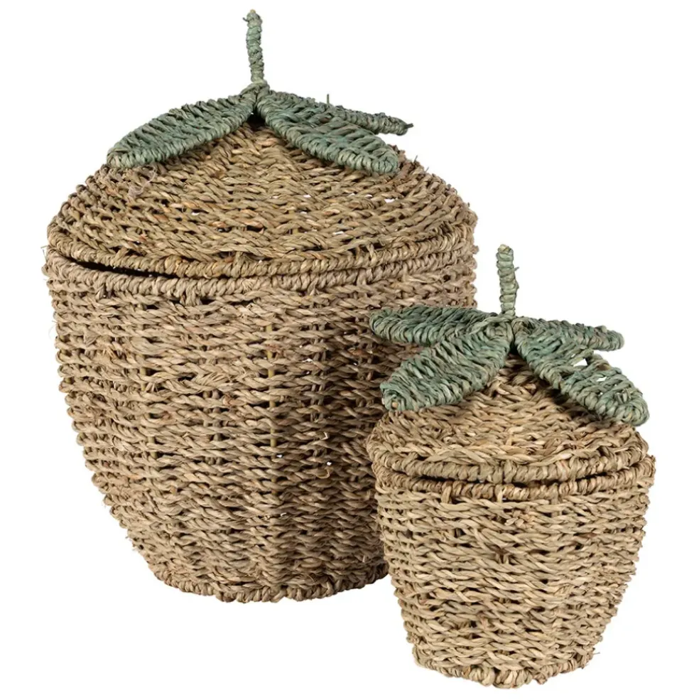 Lot de 2 corbeilles fraise en jonc de mer naturel et vert - Les Fruits
