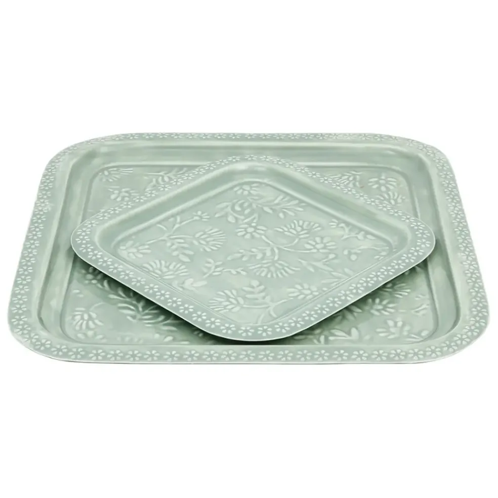Lot de 2 plateaux carré en fer émaillé sauge - Baroque
