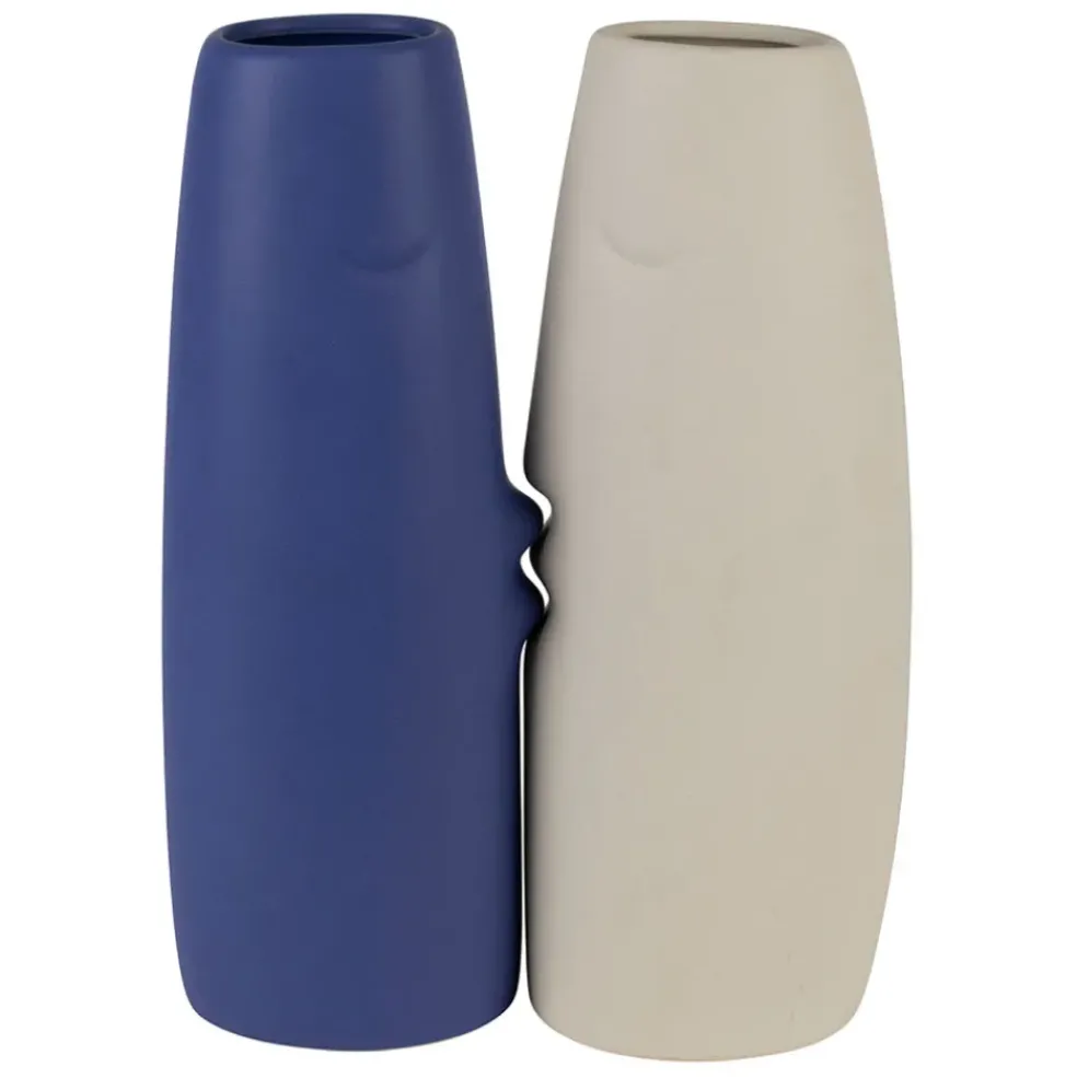 Lot de 2 vases visage en grès indigo et écru h30cm