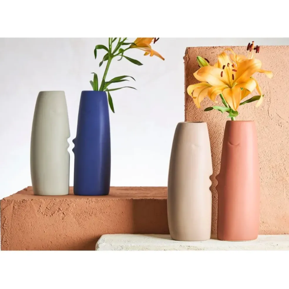 Lot de 2 vases visage en grès indigo et écru h30cm