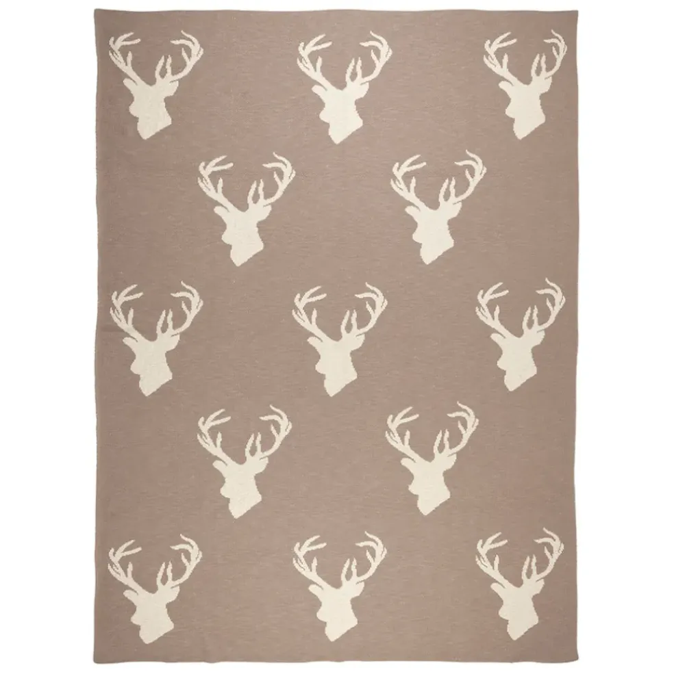 Plaid cerf en coton grège 150x125cm - Noel