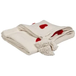 Plaid tufté en coton ecru et coeur rouge 170x130cm - Famille