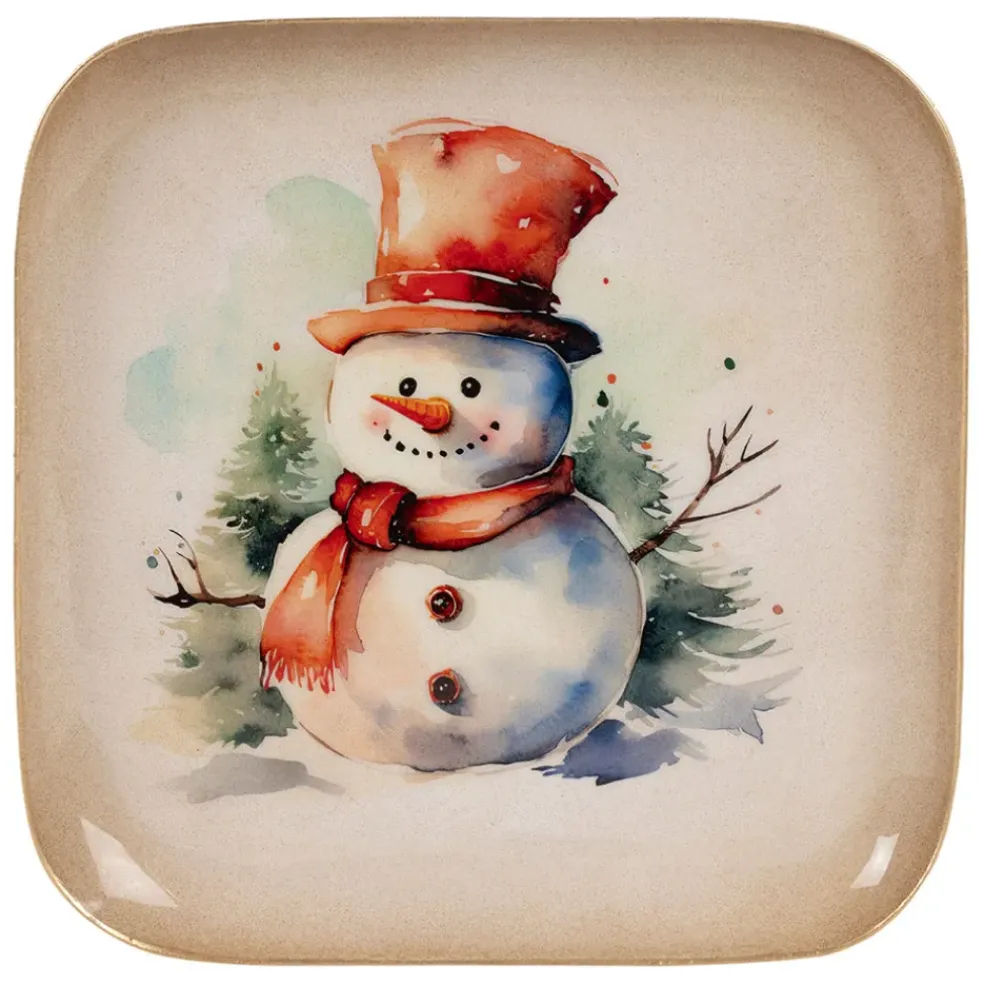 Plateau bonhomme de neige en fer multicolore 16x16cm - Noel