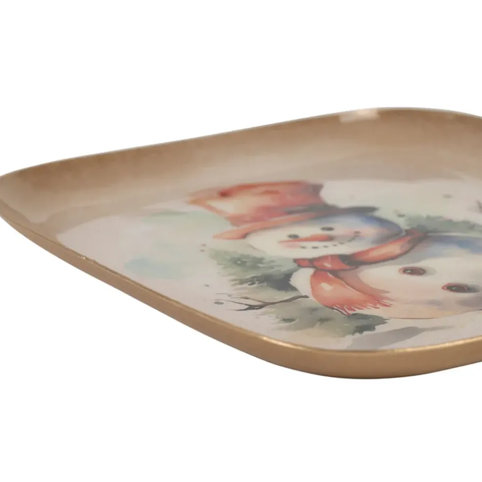 Plateau bonhomme de neige en fer multicolore 16x16cm - Noel