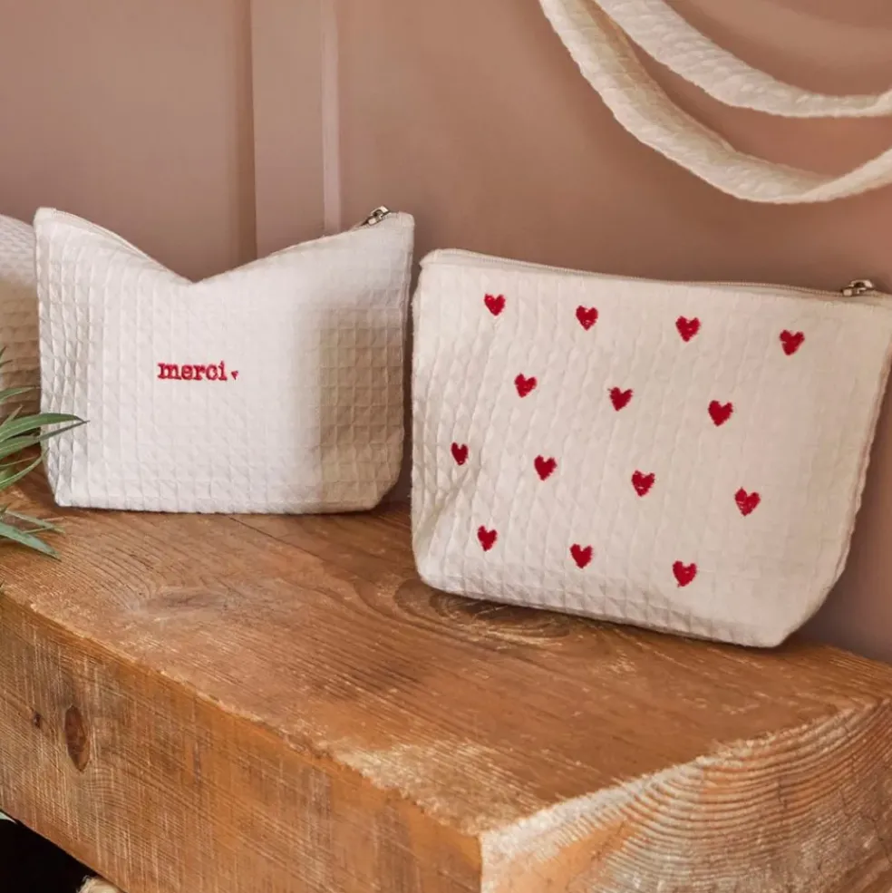 Pochette Coeur en coton écru et rouge - Famille