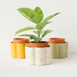 Pot auto-arrosant en céramique blanc grainé et argile d14cm - Paula