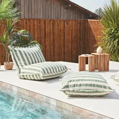 Pouf d'extérieur en tissu rayé sauge et écru 95x95cm - Sola
