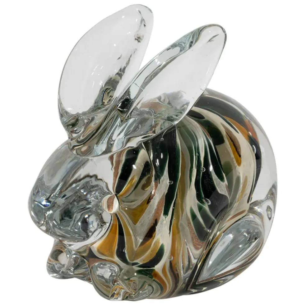 Presse-papier lapin en verre ambre et kaki