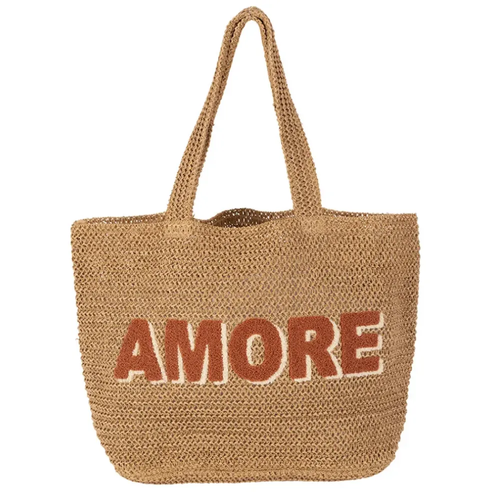 Sac brodé "amore" en corde de papier naturel et terracotta - Lumi
