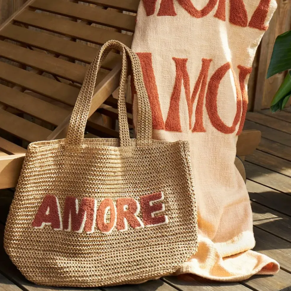 Sac brodé "amore" en corde de papier naturel et terracotta - Lumi
