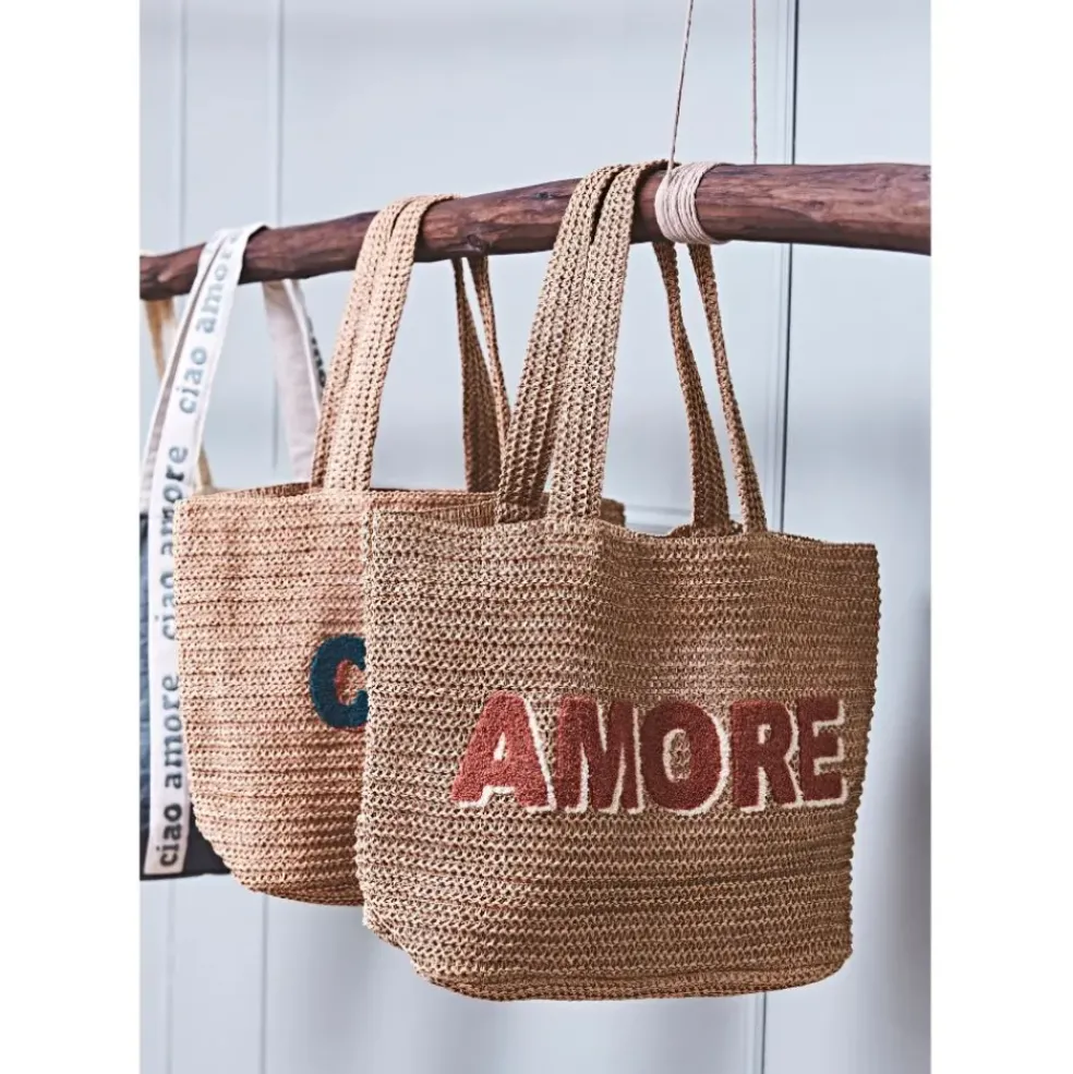 Sac brodé "amore" en corde de papier naturel et terracotta - Lumi