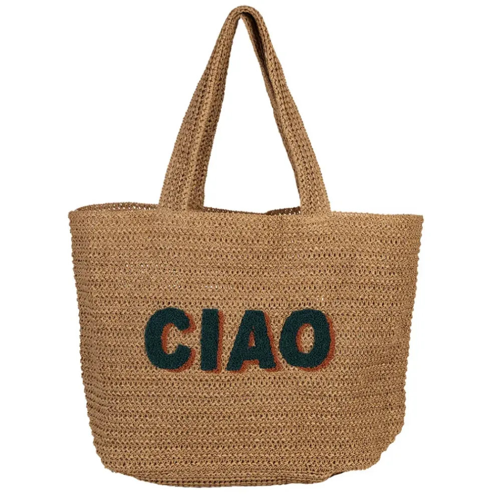 Sac brodé "ciao" en corde de papier naturel et émeraude - Lumi