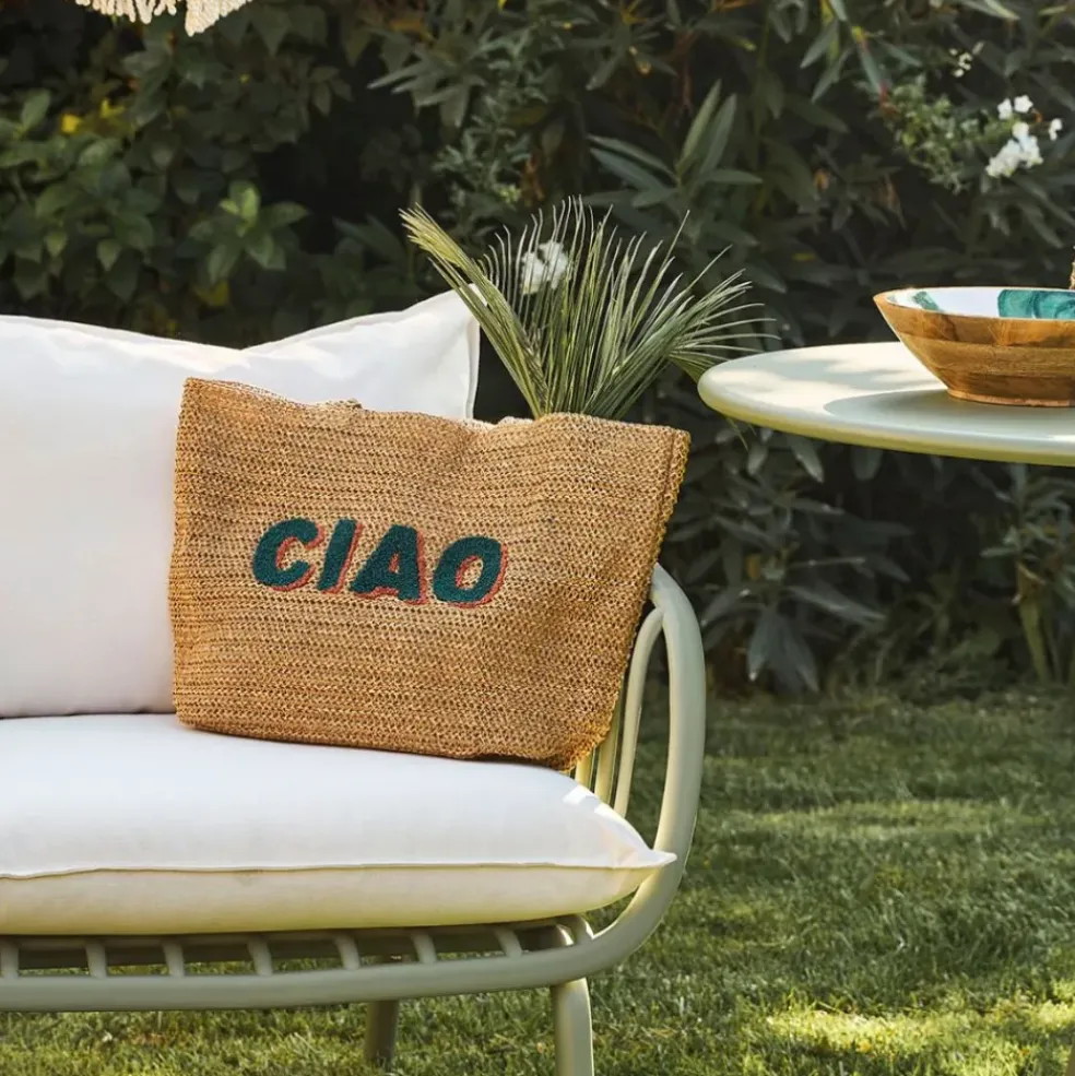 Sac brodé "ciao" en corde de papier naturel et émeraude - Lumi