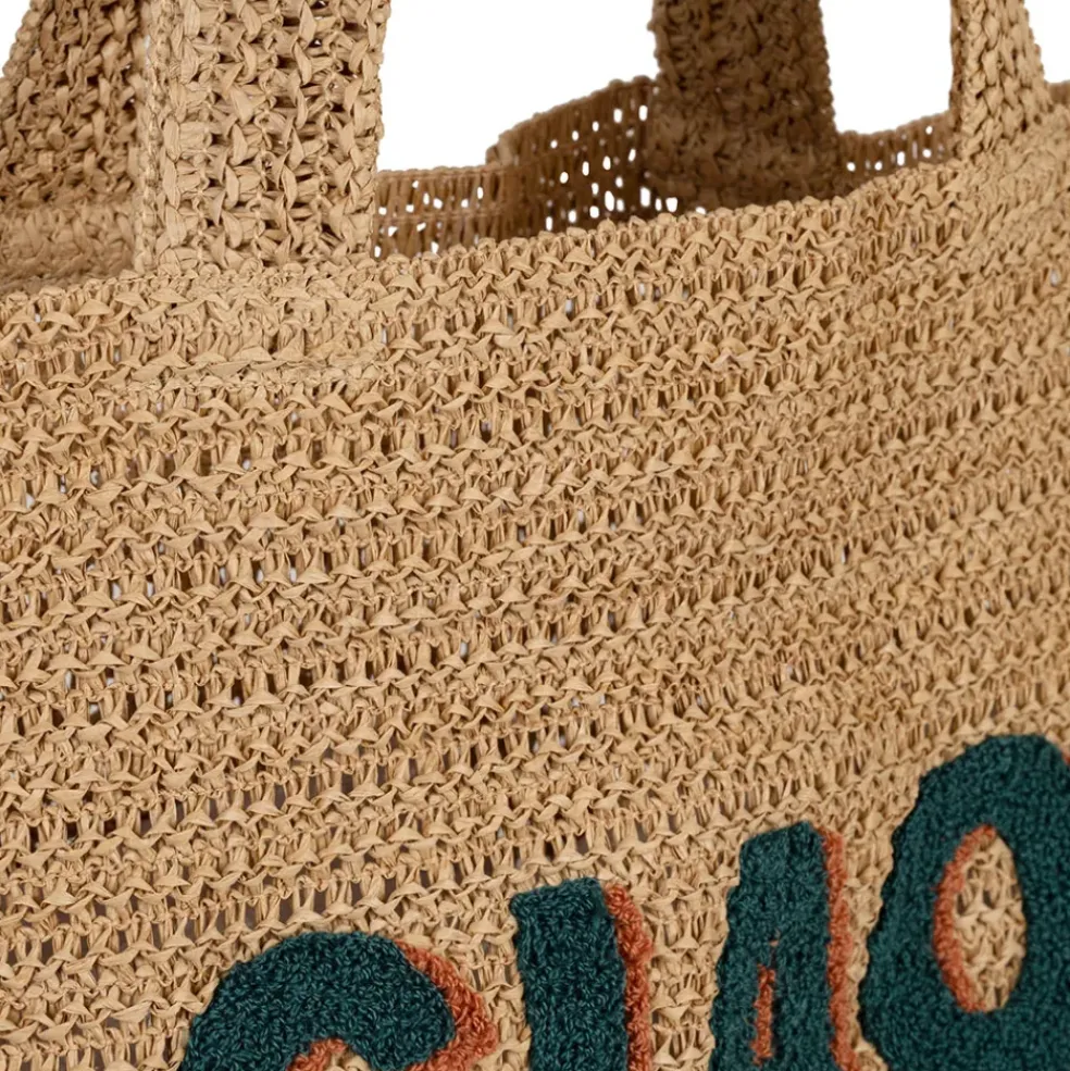 Sac brodé "ciao" en corde de papier naturel et émeraude - Lumi