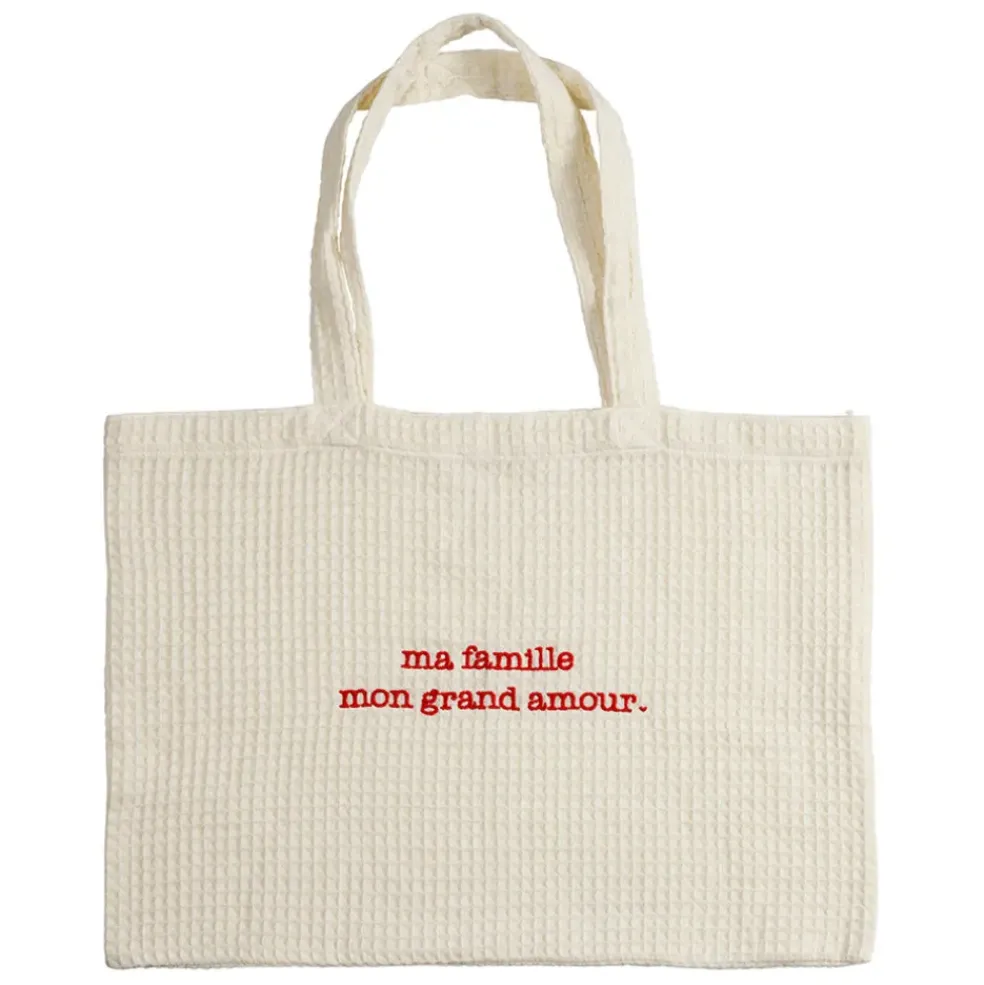 Sac grand amour en coton écru et rouge - Famille