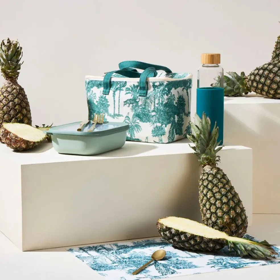 Sac isotherme en coton écru et palmiers émeraude - Mocoa