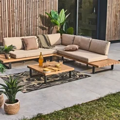 Salon de jardin d'angle en bois 5 places beige - Feros