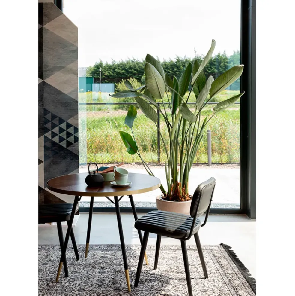 Table à manger ronde en noyer plaqué et métal doré d91cm - Denise