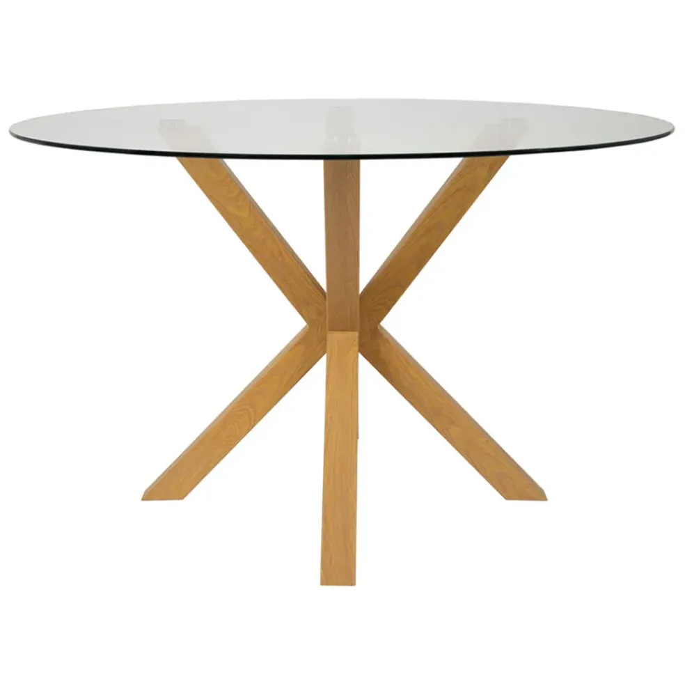 Table à manger ronde en verre trempé et métal naturel d119cm - Adela