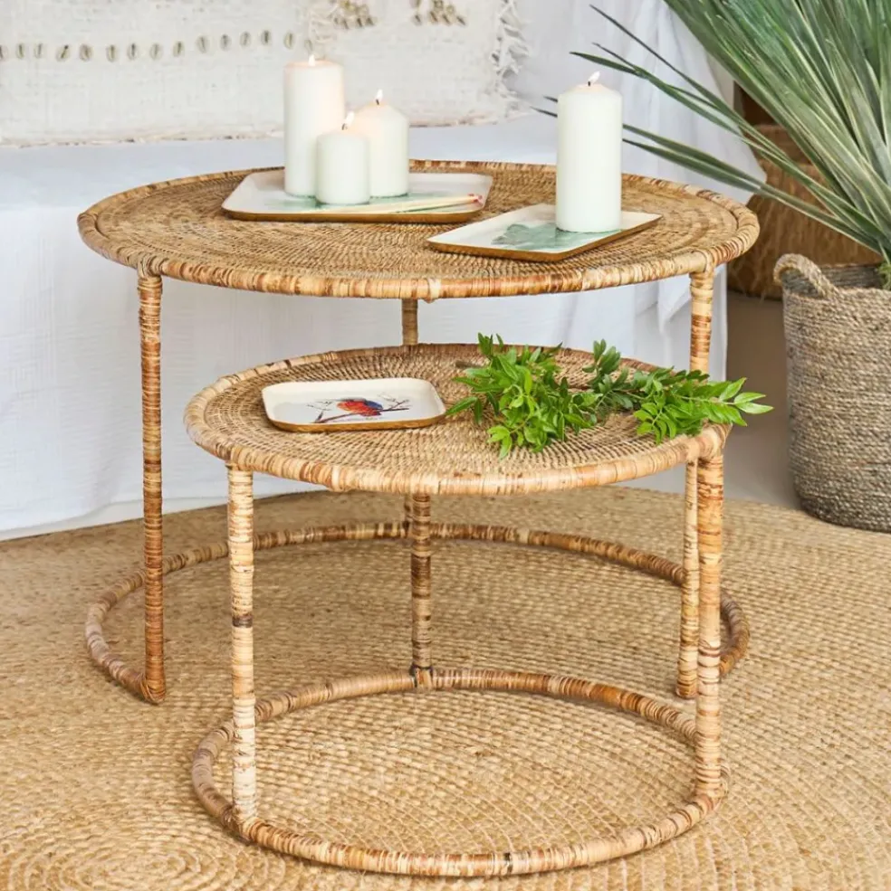 Table basse gigogne ronde (lot de 2) en rotin naturel et fer - Pasil