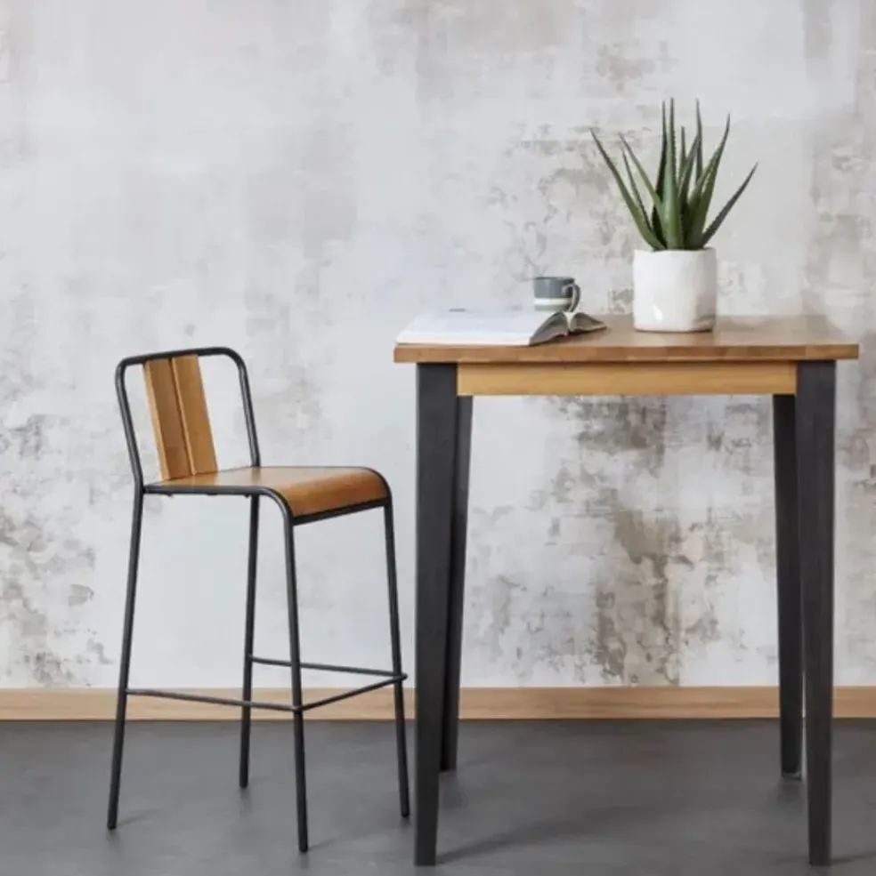 Table de bar carrée en chêne massif et pieds acier 90x90 cm - Manny