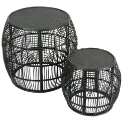 Table d'appoint ronde (x2) en rotin et bois noir - Element