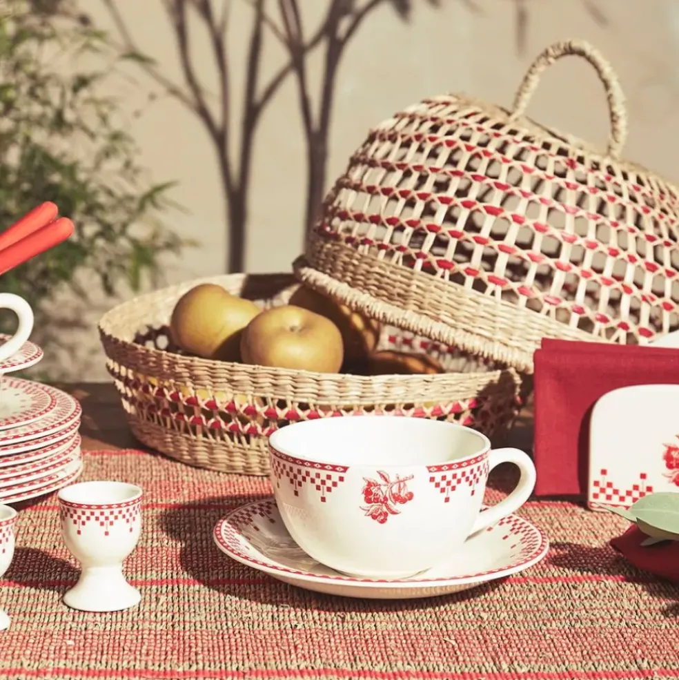 Tasse et sous-tasse en faïence damier rouge - campagne