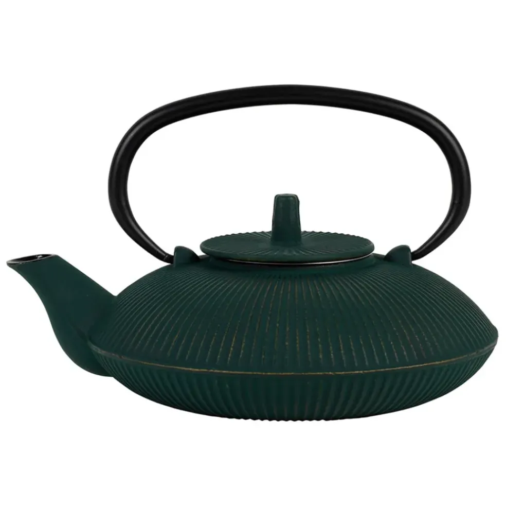 Théière en fonte plate avec filtre émeraude et doré 75cl