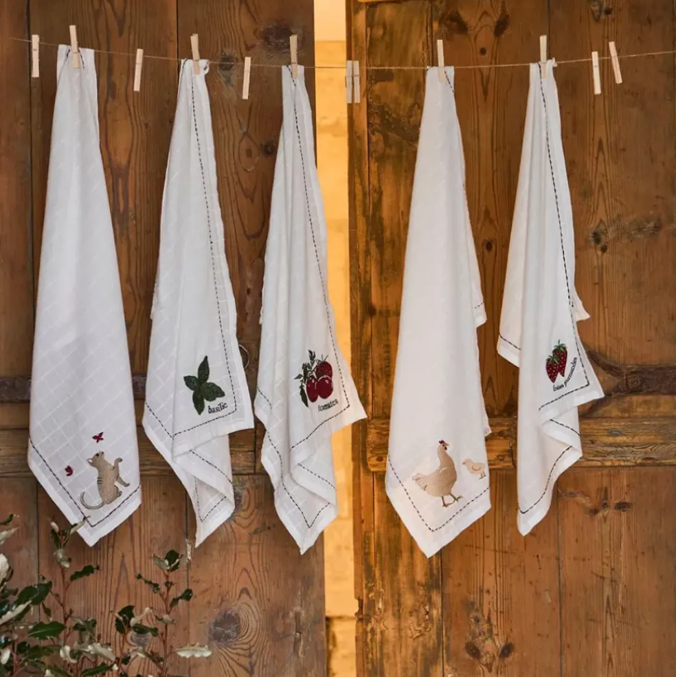 Torchon en coton blanc avec poule 50x70cm - A La Ferme